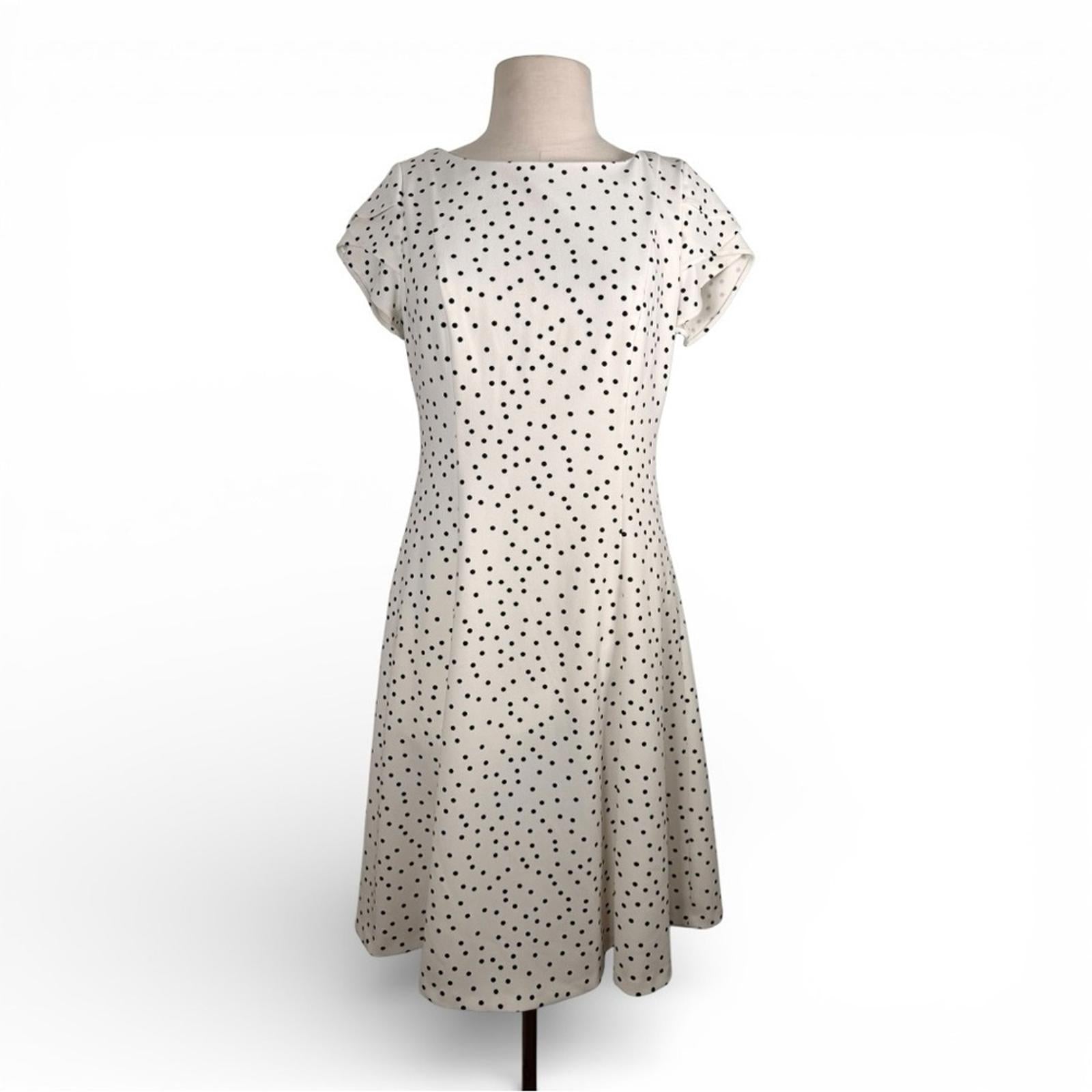 DKNY Polka Dot Fit and Flare Dress Size 6 White Black Tulip Sleeve Knee Length - view 5