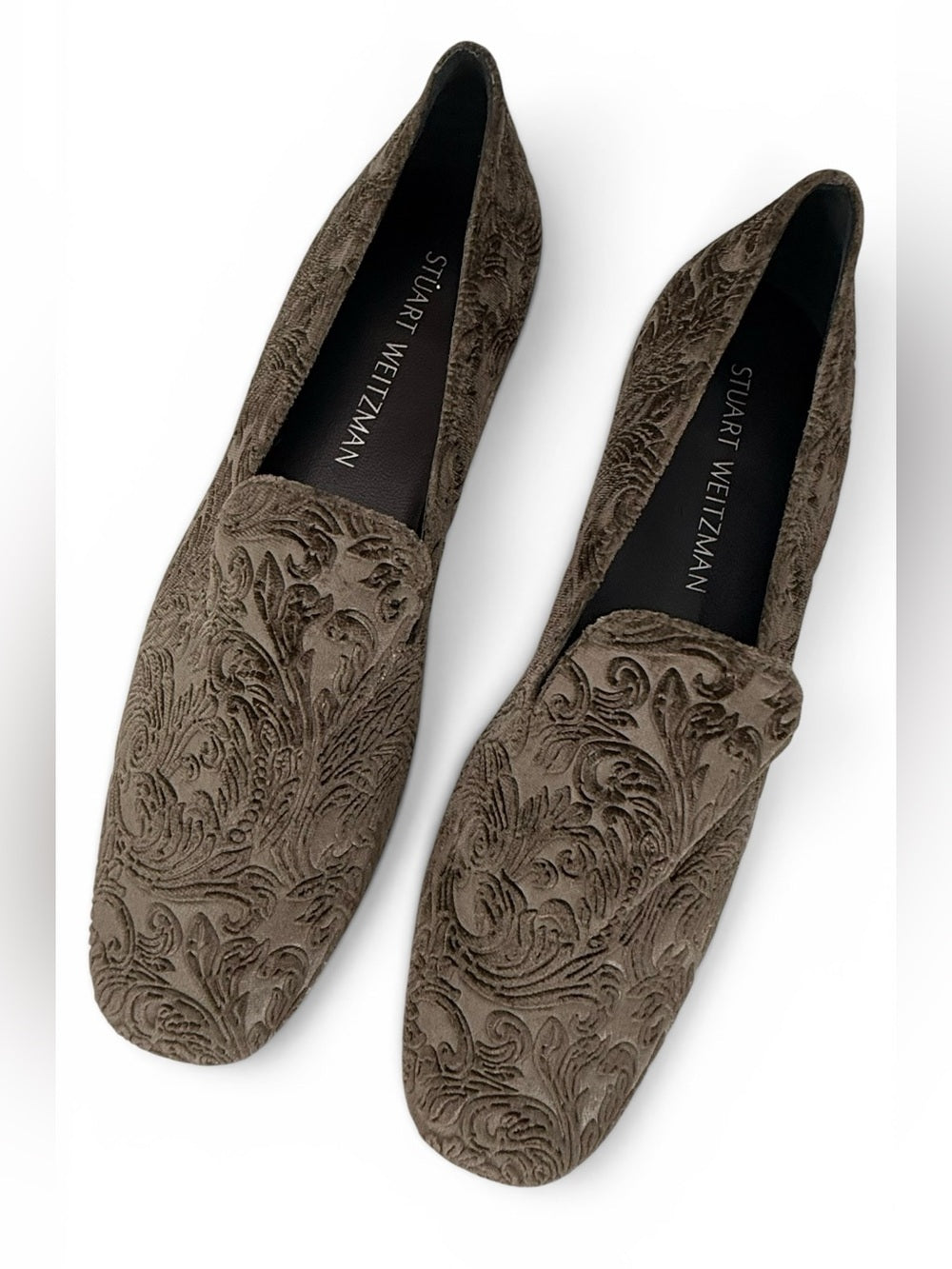 Stuart Weitzman Velvet Loafers Women's 8.5 M Taupe Embossed Slip On Flats Pumps - view 3