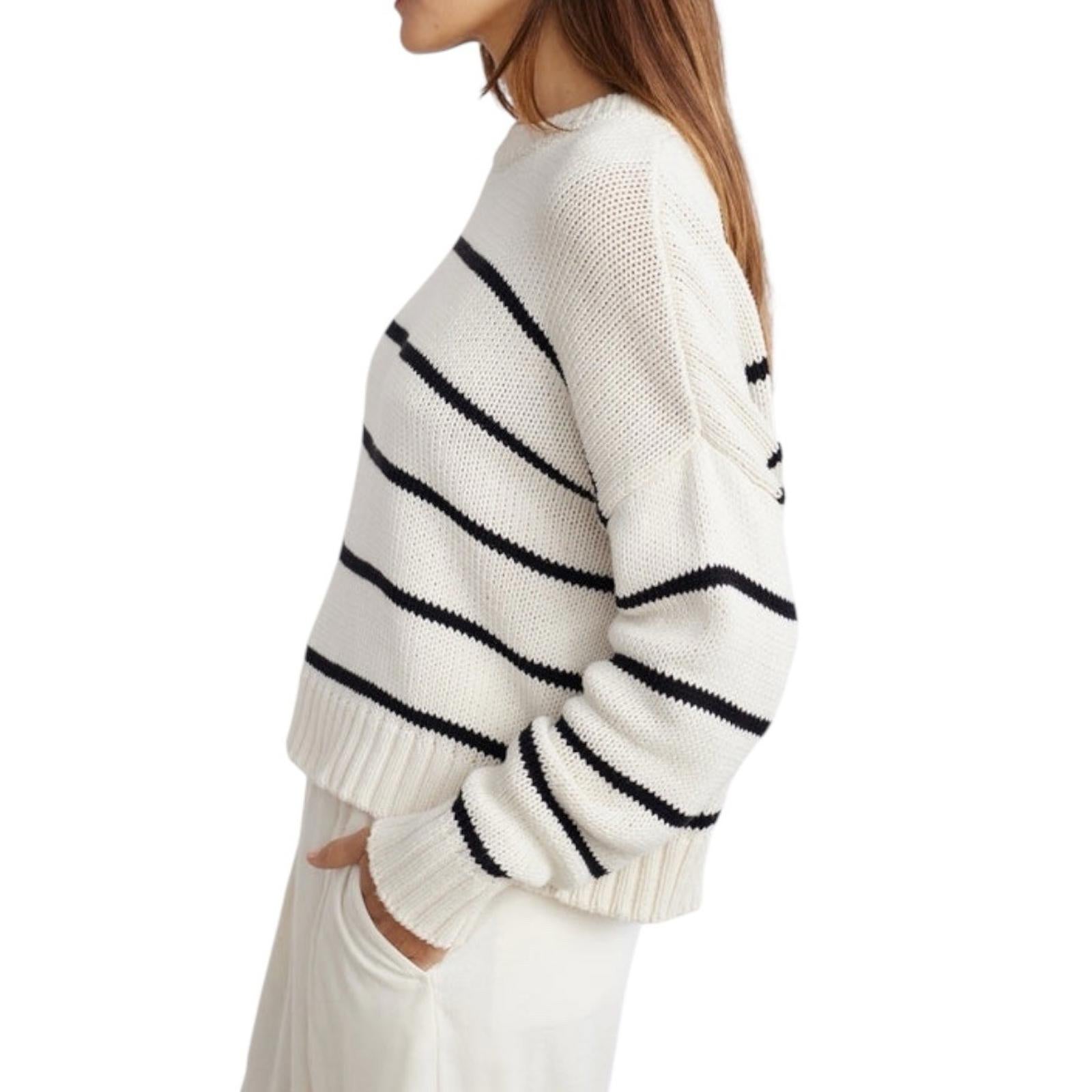 Jenni Kayne Women Chloe Crewneck Sweater Ivory Black Stripe Size XS Cotton Knit - view 3