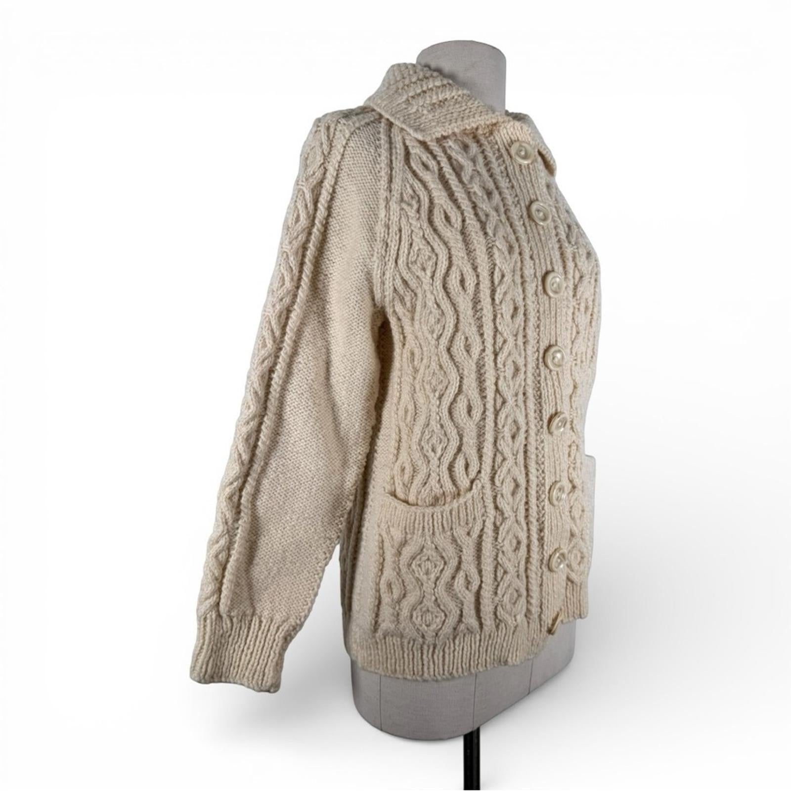 Women’s XS Small Handmade Knit Wool Cardigan Chunky Fisherman Sweater Cream - view 3