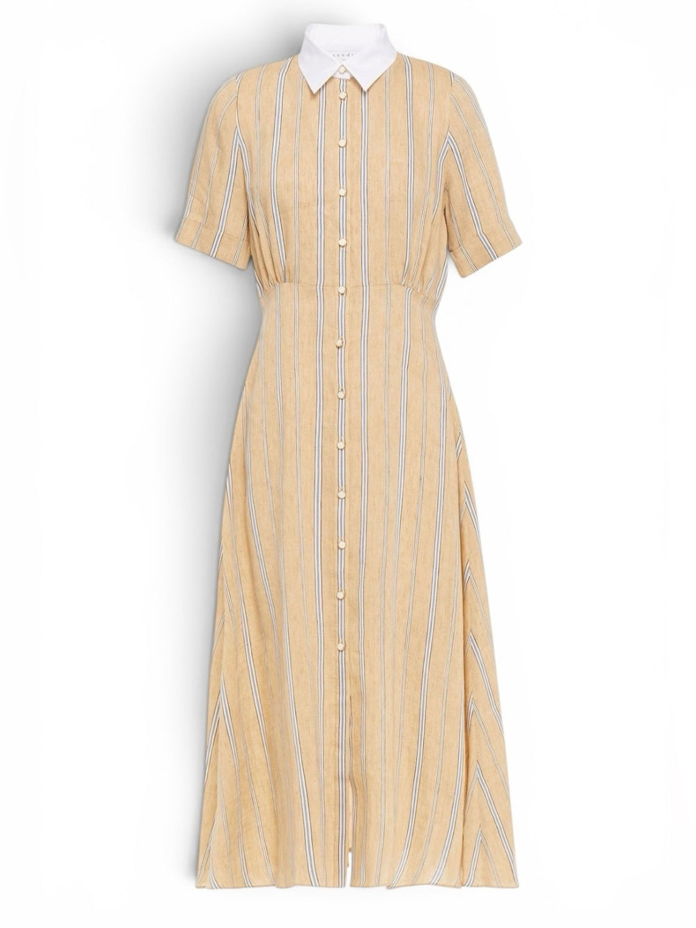 Sandro Rosita Linen Blend Midi Shirt Dress Beige Stripe Gathered FR34 Size XS
