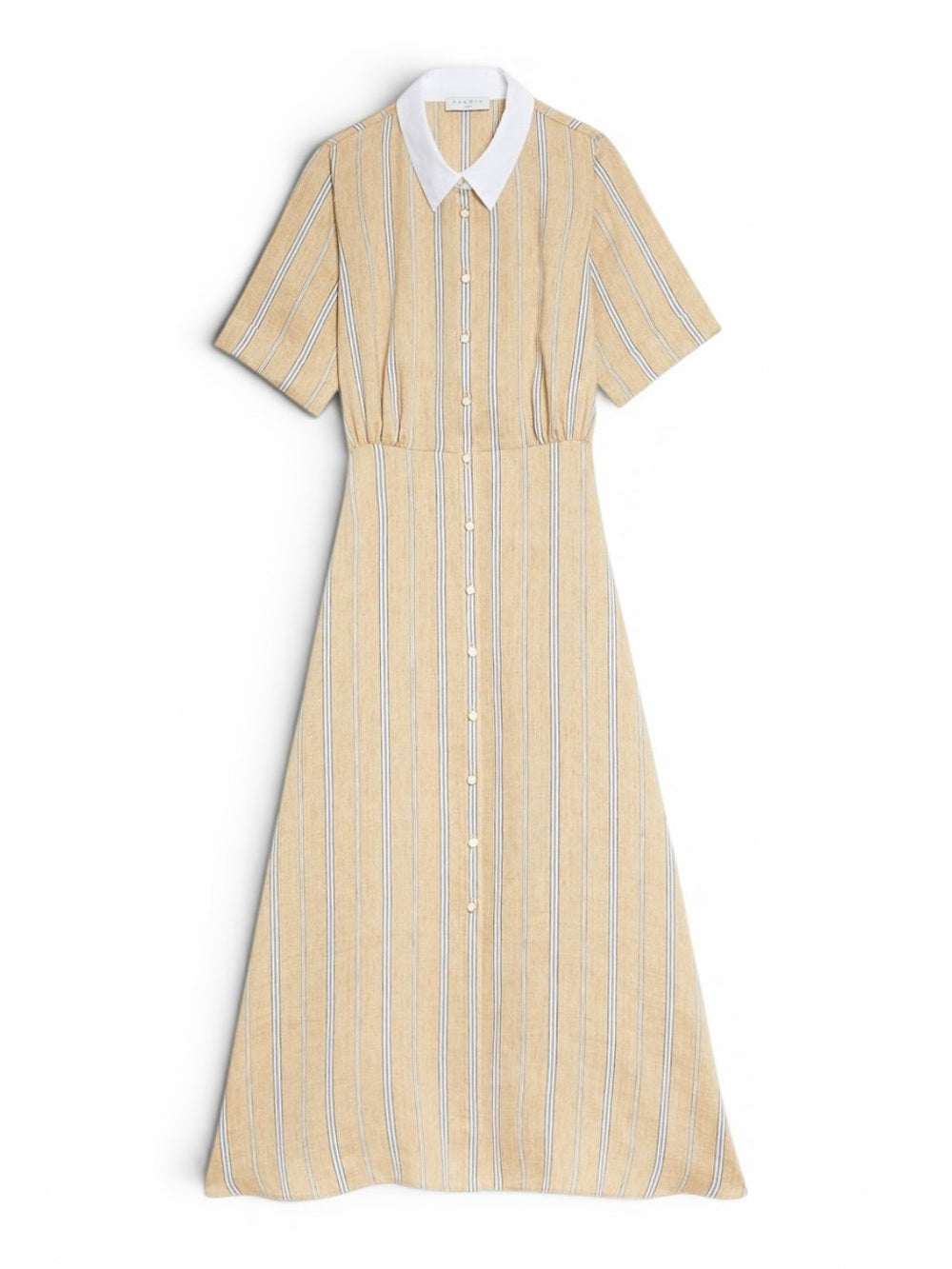 Sandro Rosita Linen Blend Midi Shirt Dress Beige Stripe Gathered FR34 Size XS - view 5