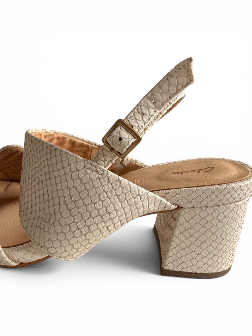 Clarks Sheer55 Sling White Snake Leather Block Heel Sandals US 9.5 NEW - view 11