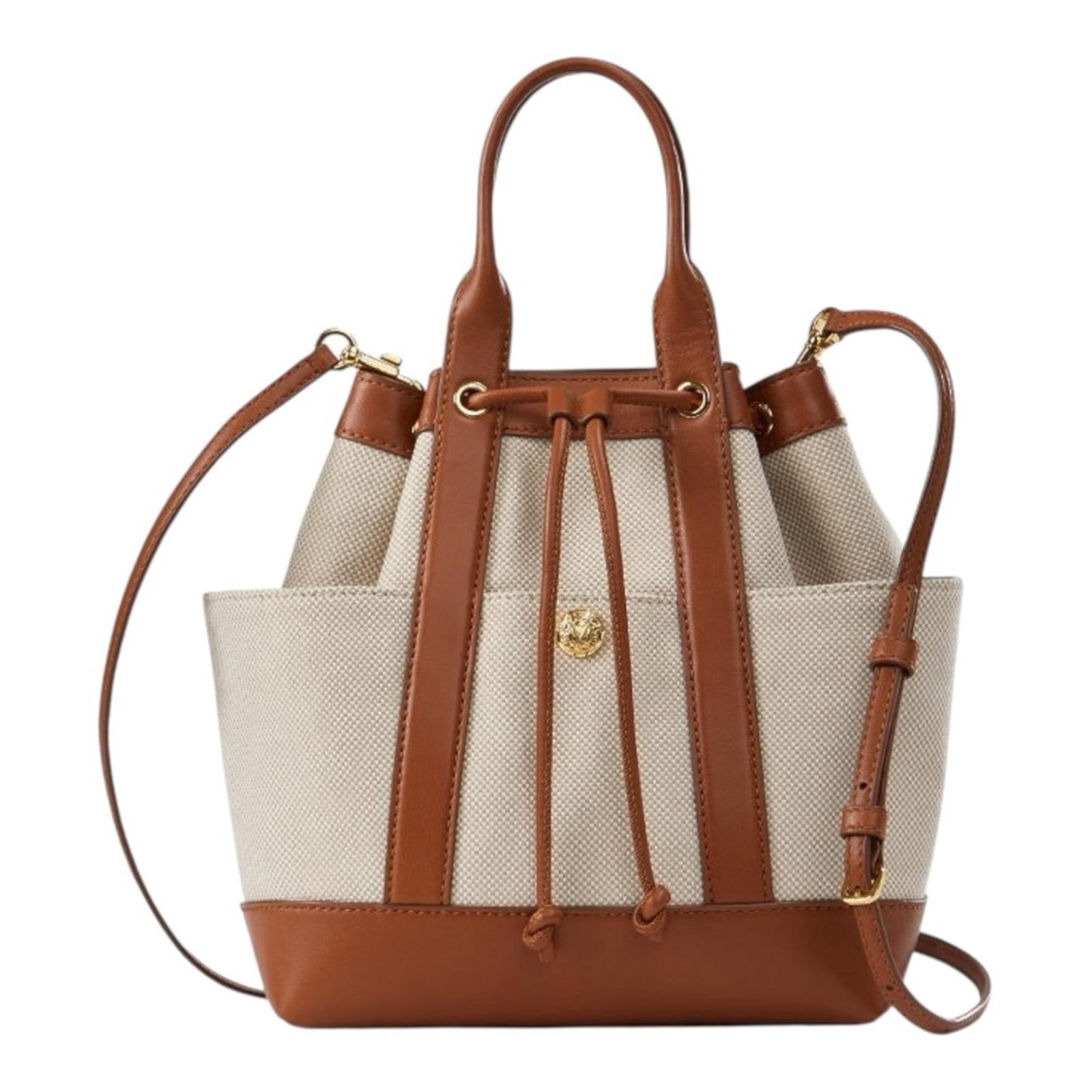 Veronica Beard Goody Bag Canvas Leather Bucket Natural Hazel Neutral Crossbody - view 3