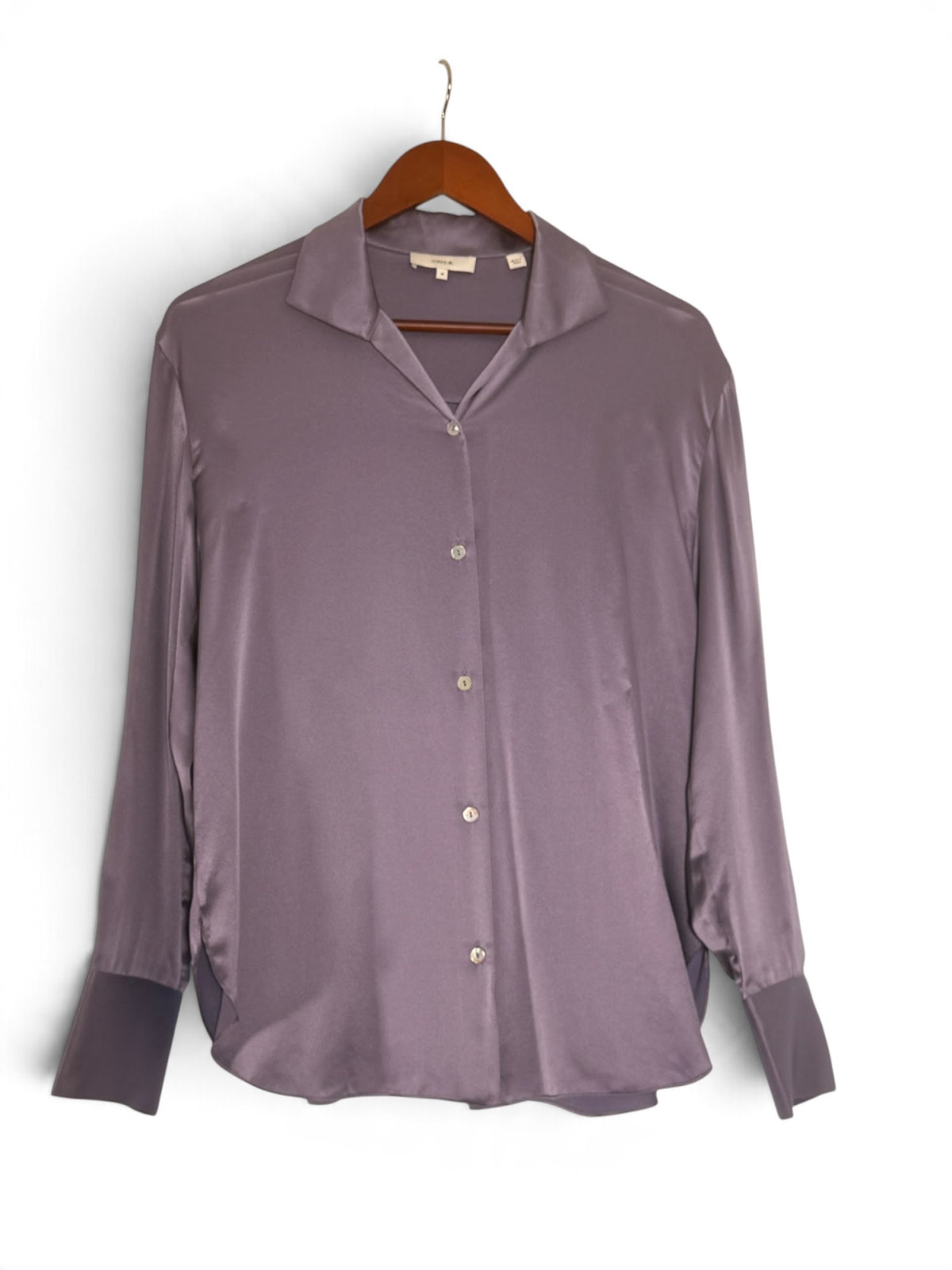 Vince lavender silk satin button-up blouse front