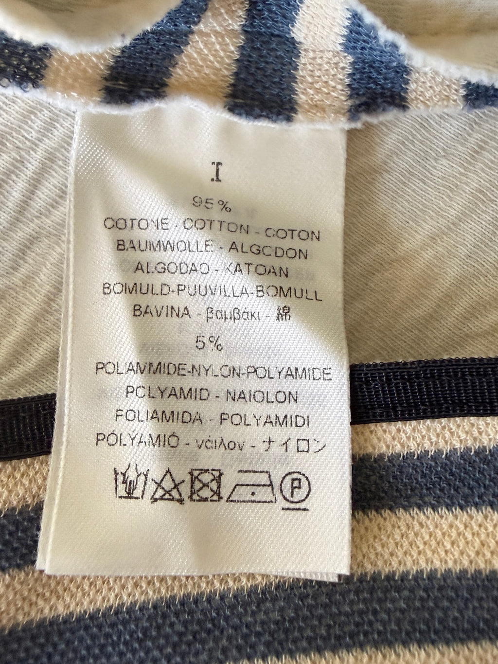 navy and cream Breton striped top label