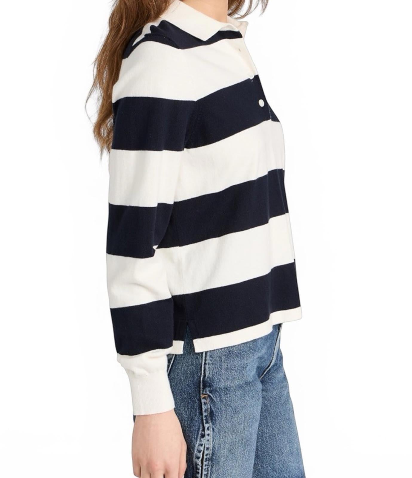 Wyeth Navy White Striped Knit Polo Sweater Cotton Cashmere Womens XS Preppy Top - view 2