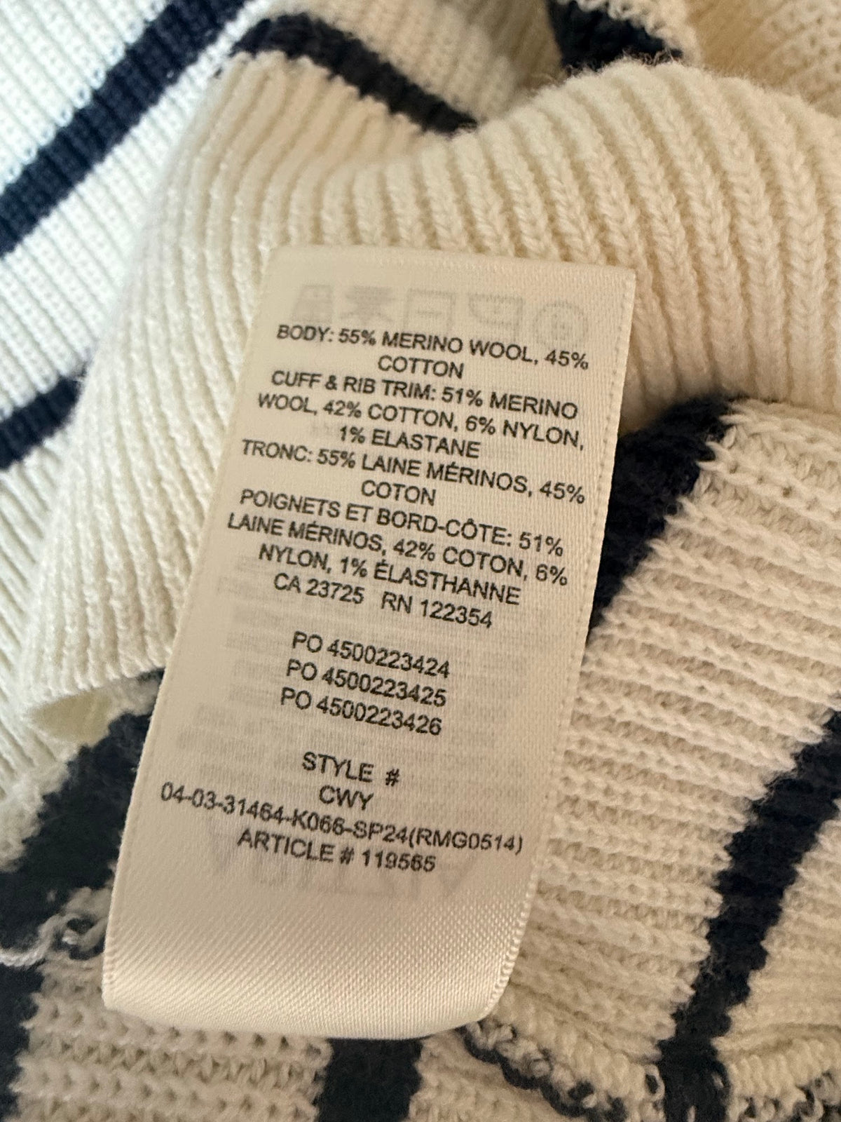 Aritzia Wilfred Maria Merino Wool Cotton Striped Sweater Avorio Navy Small