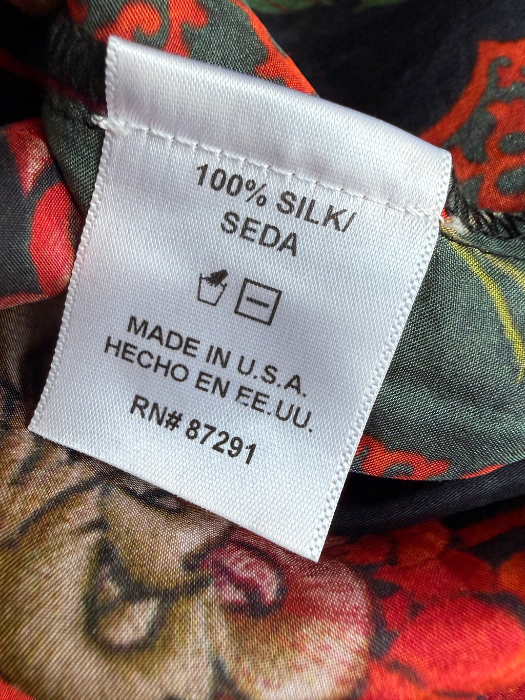 Johnny Was 100% silk fabric label Made in USA