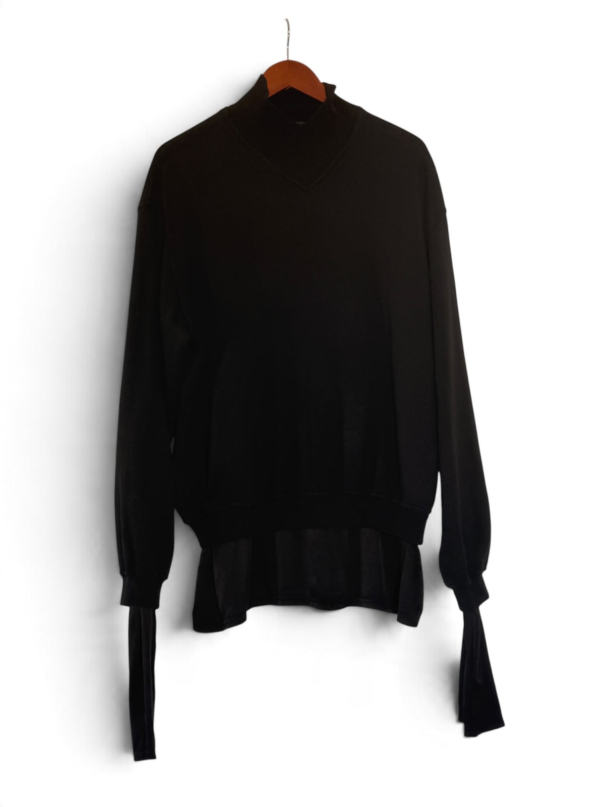 Haider Ackermann black funnel-neck sweatshirt with silk hem and long cuffs front