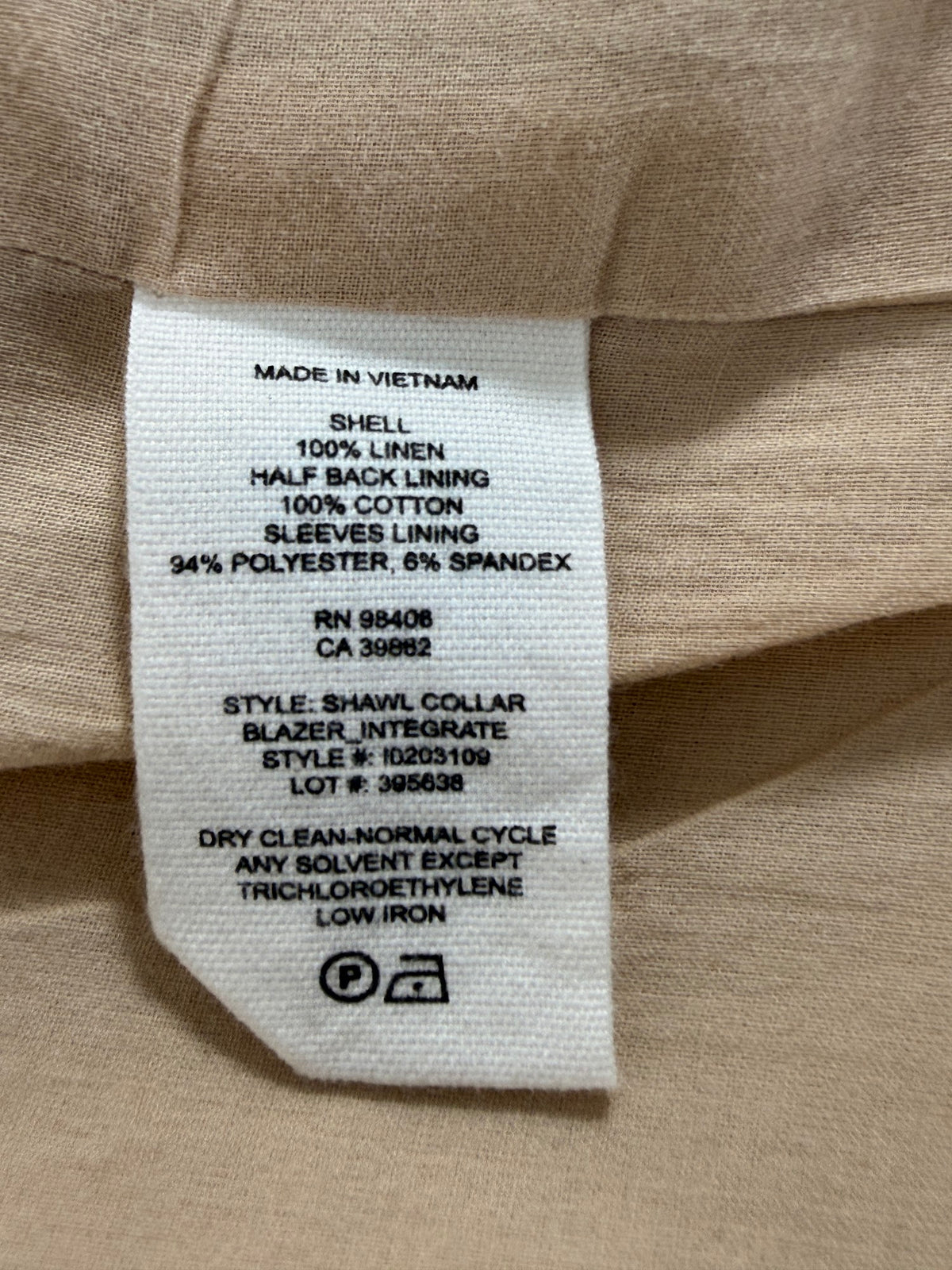 Theory 100% linen shawl collar blazer made in Vietnam label