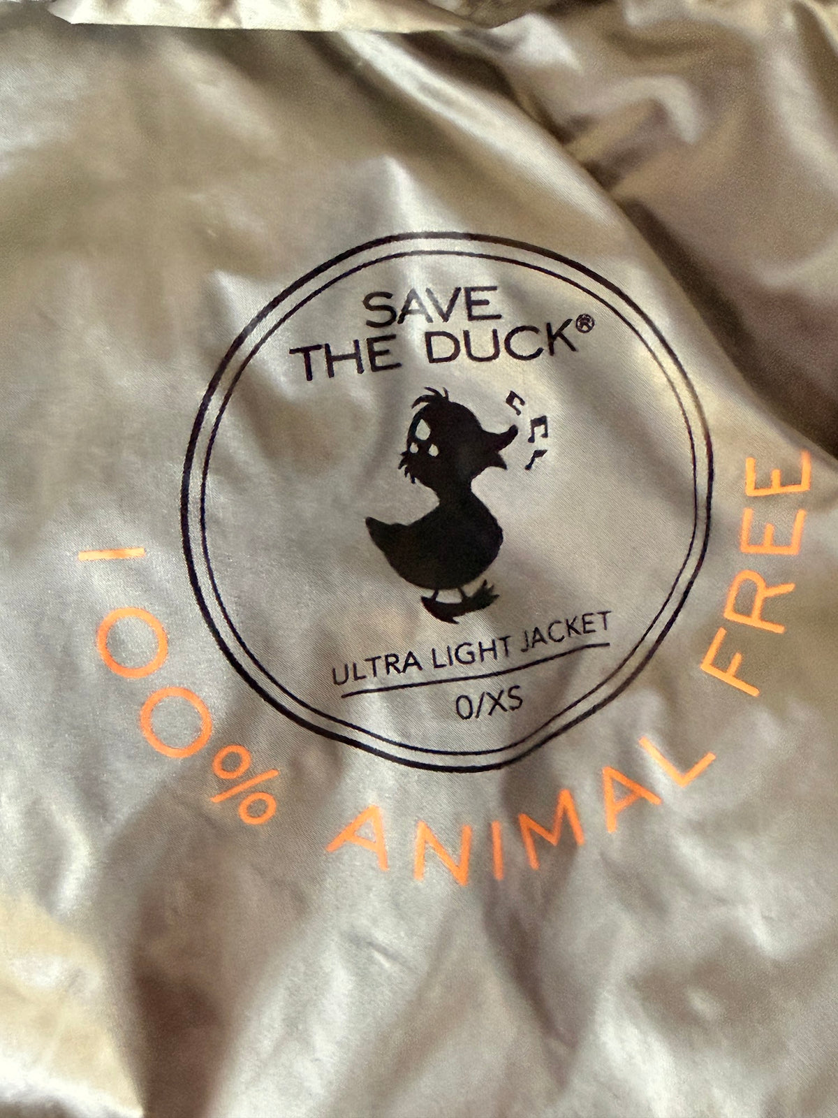 Save The Duck taupe puffer jacket label