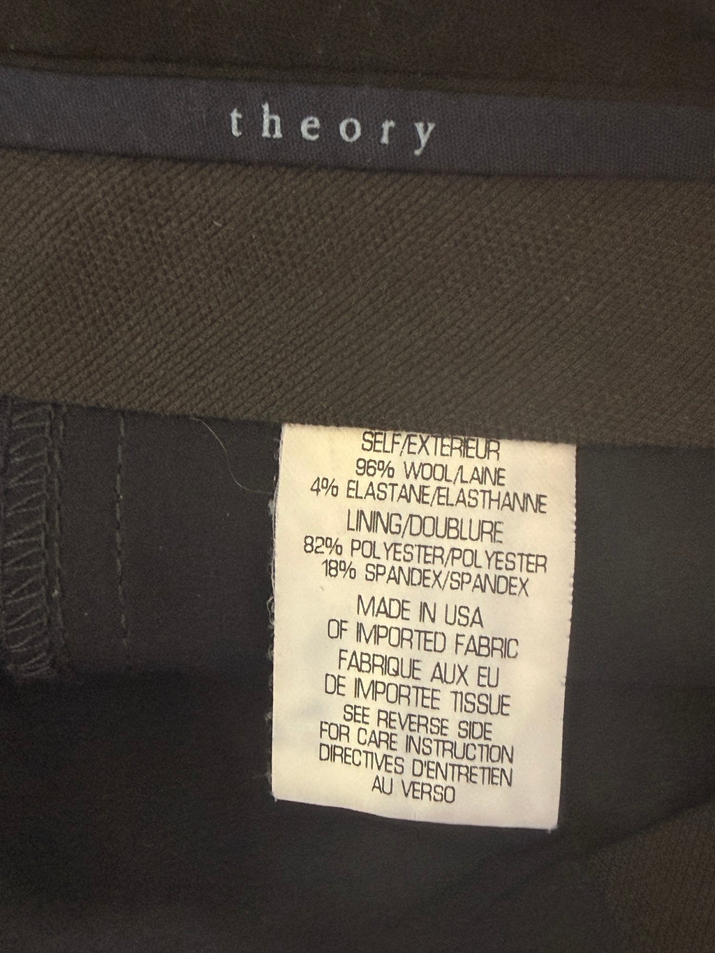 Theory fabric content 96% wool 4% elastane made in USA