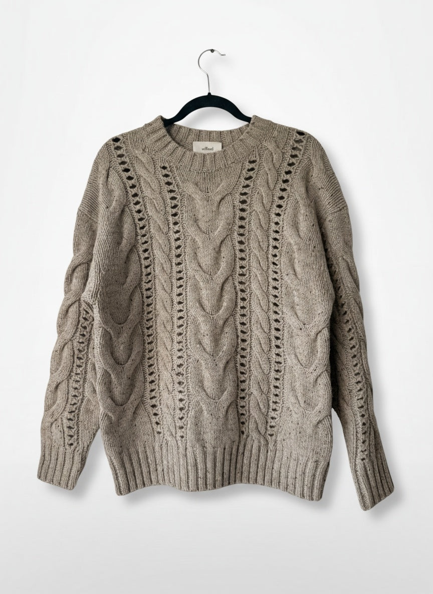 Lay-flat product shot of Aritzia Wilfred Oatmeal Cable-Knit Crewneck Sweater Extra Small