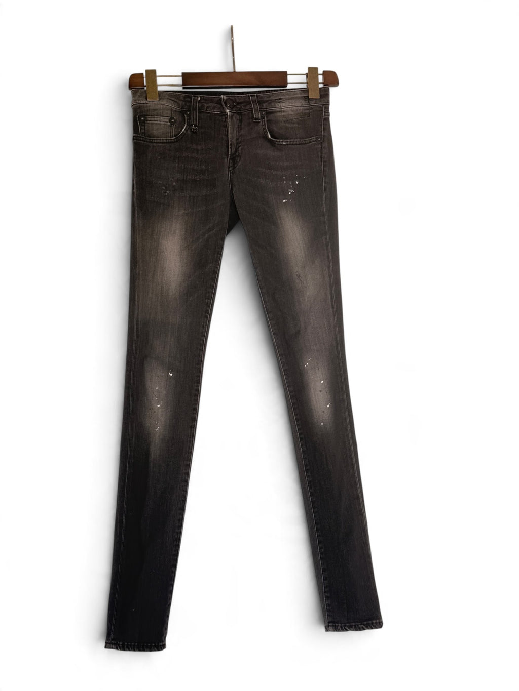 R13 skinny grey black distressed jeans front