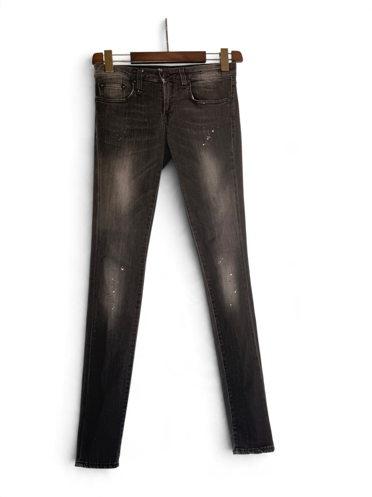 R13 skinny grey black distressed jeans front