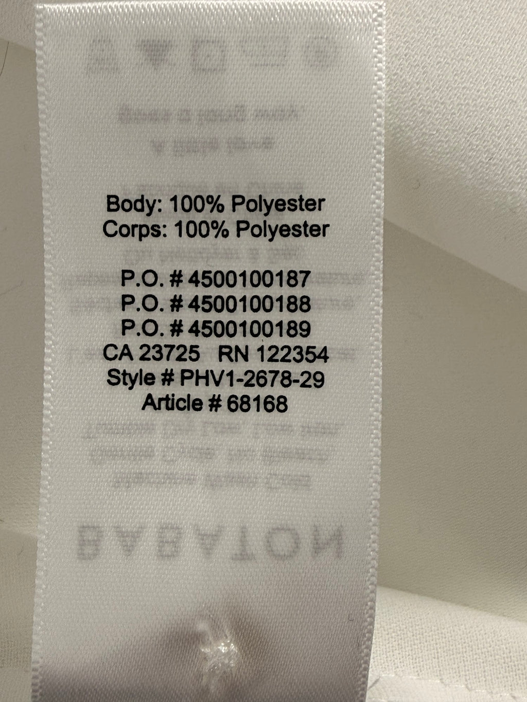 Babaton 100% polyester content label