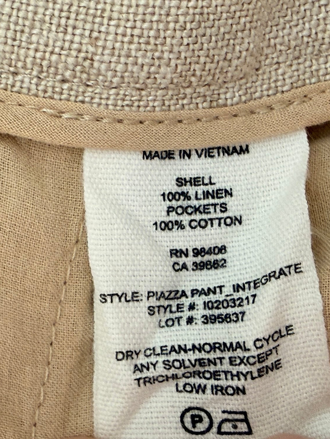Theory 100% linen Piazza Pant made in Vietnam label