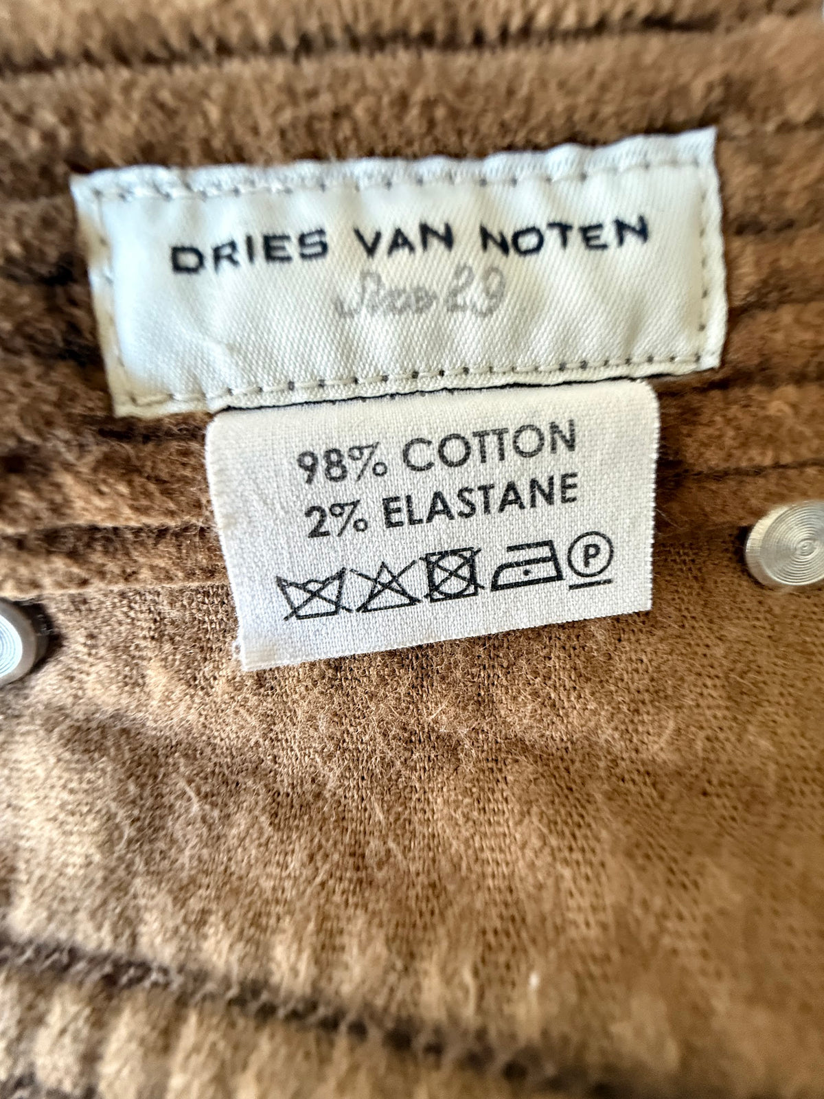 Dries Van Noten tan corduroy trousers label
