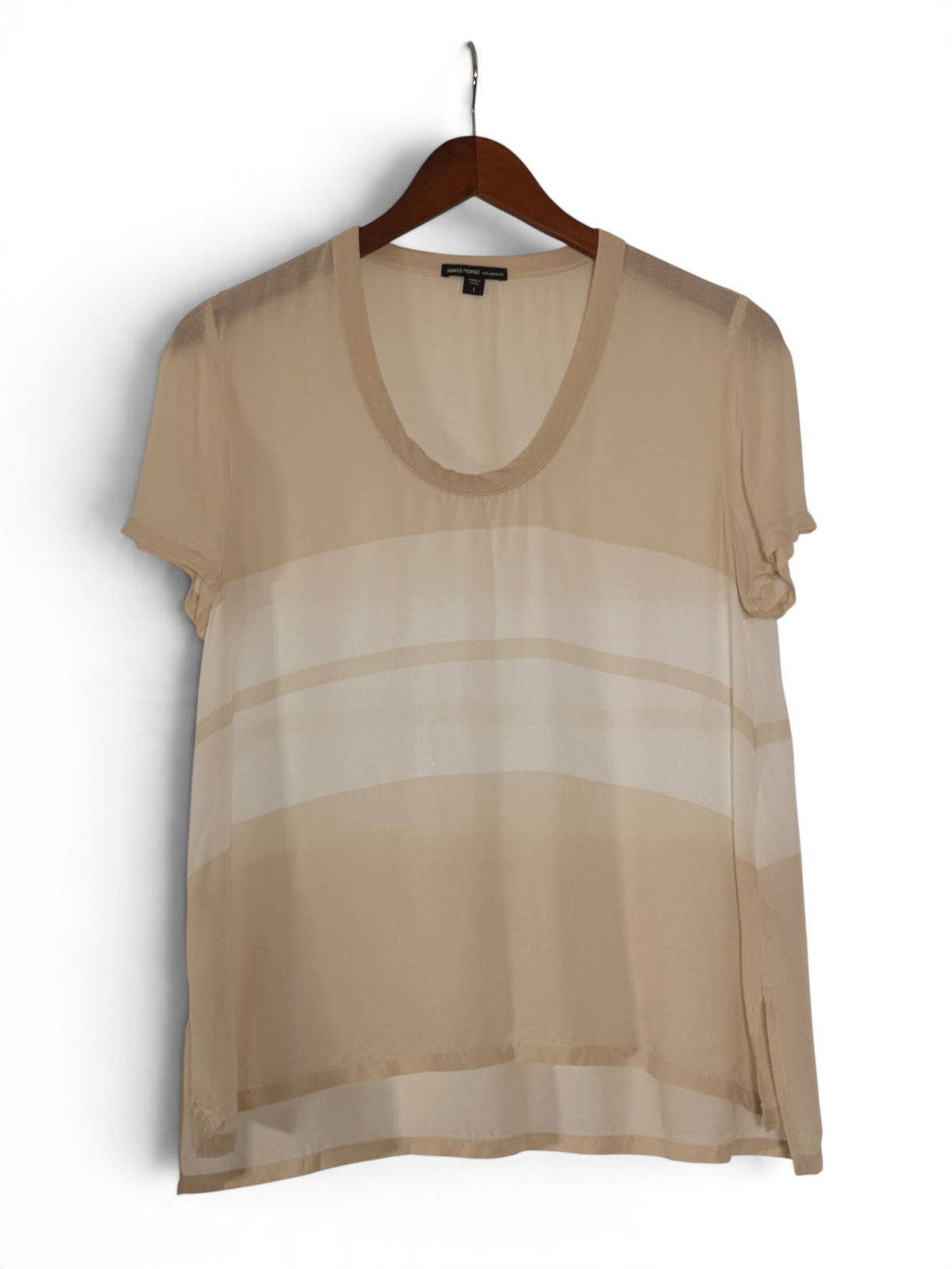 James Perse sand and cream striped sheer scoop-neck tee front