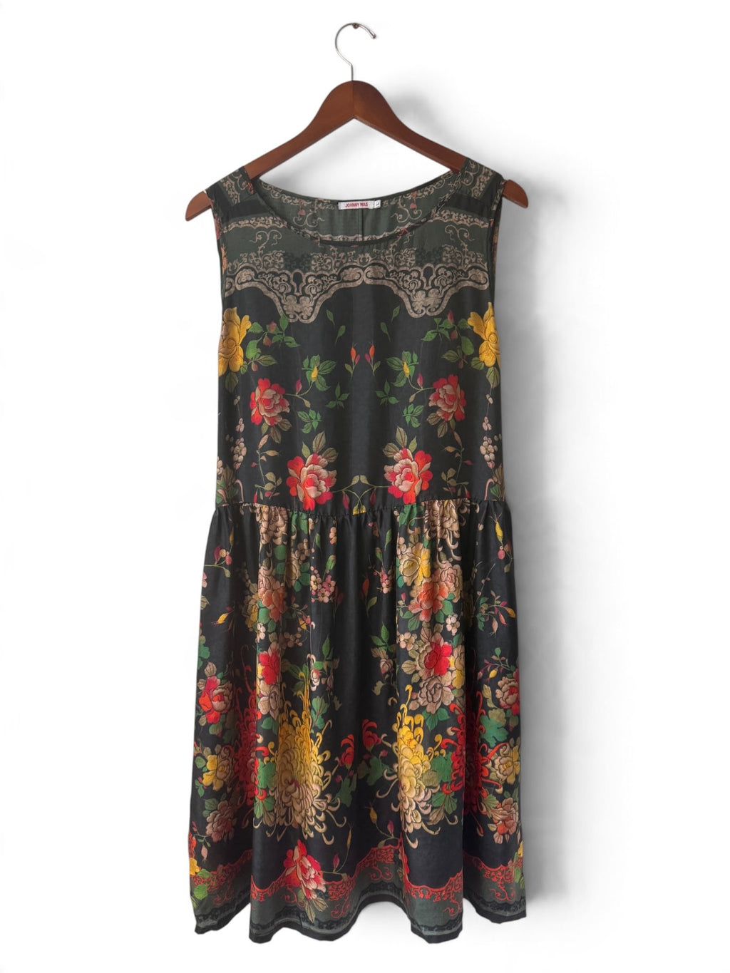 Johnny Was black floral silk sleeveless dress front