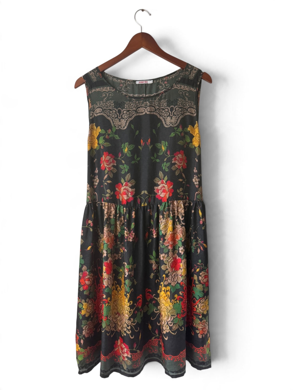 Johnny Was black floral silk sleeveless dress front