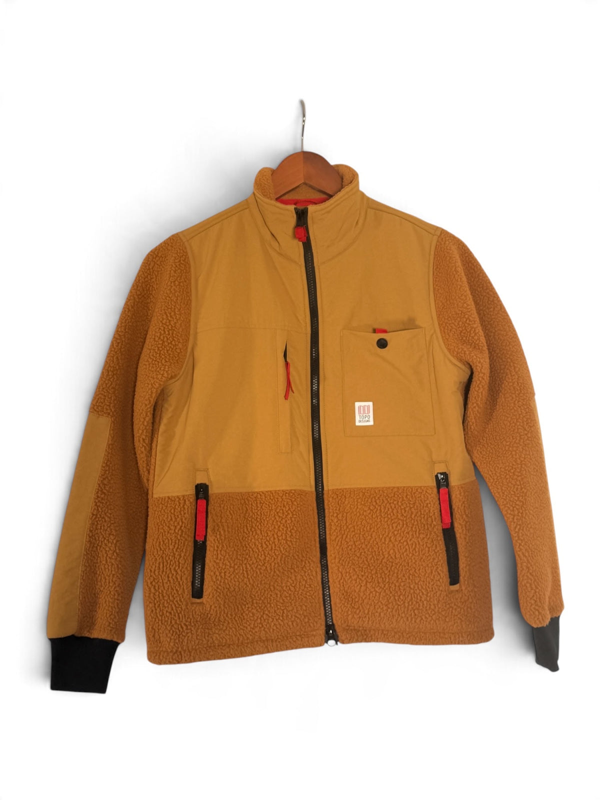Topo Designs tan sherpa fleece nylon-panel zip jacket front