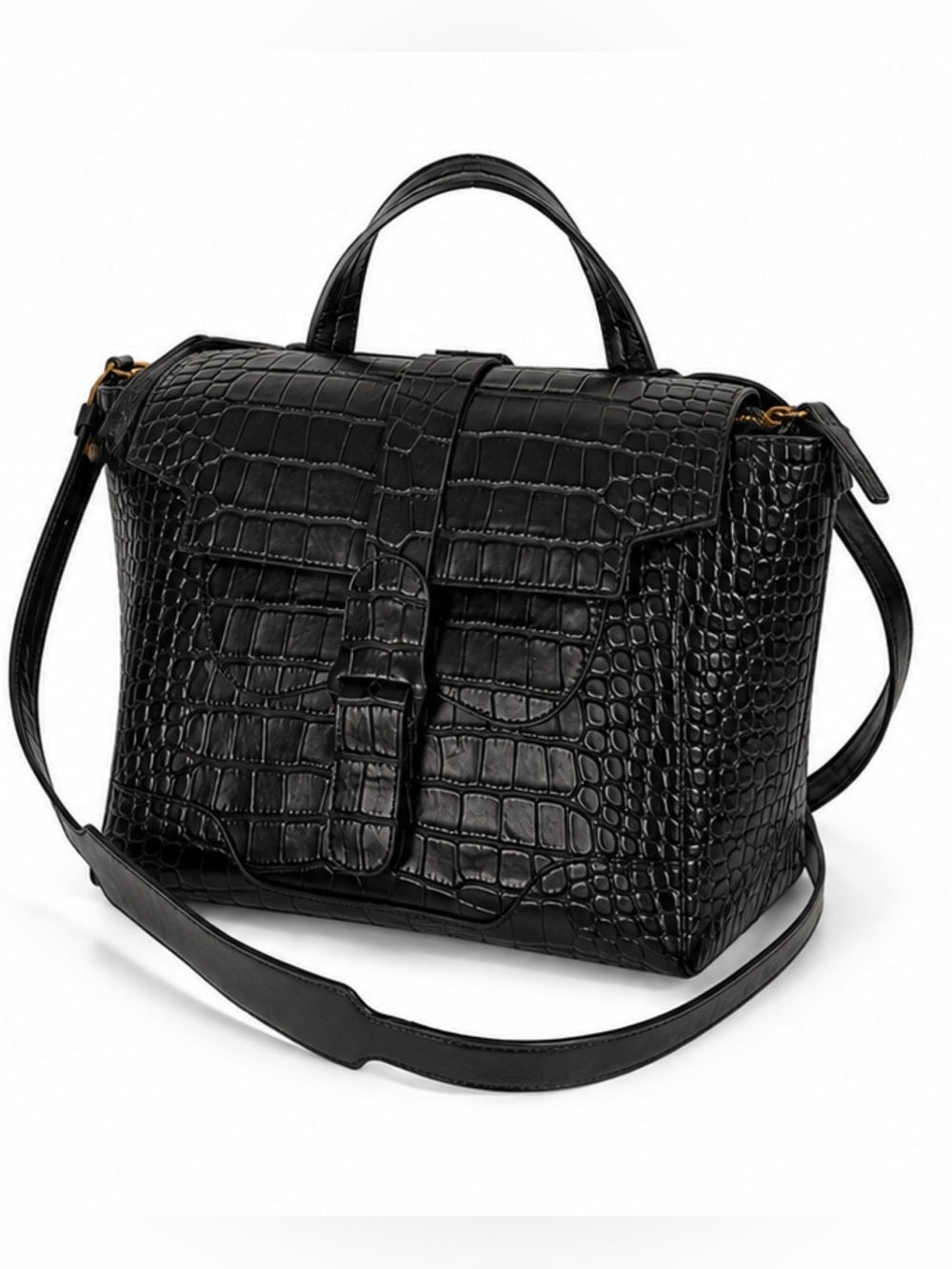Senreve Mini Maestra Black Croc Embossed Leather Convertible Backpack Bag