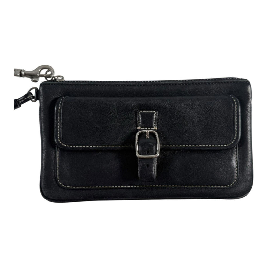 Coach Black Leather Buckle Wristlet Pouch Classic Contrast Stitch Small Bag