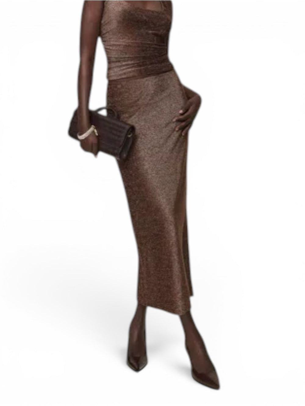 Reformation Maria Knit Sparkle Midi Skirt Cafe Bronze Metallic NWT Medium Maxi - view 7
