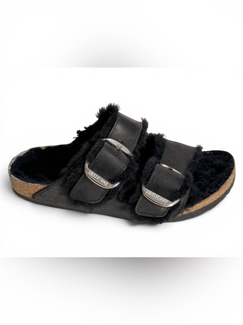 Birkenstock Arizona Big Buckle Shearling Black Sandals 38 US 7.5 Fur Lined Shoes
