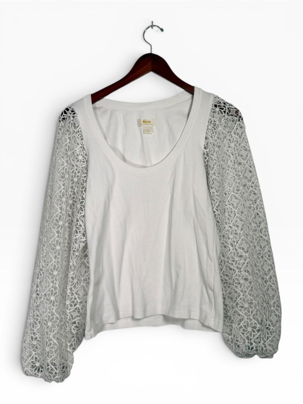 Anthropologie Maeve Lace Sleeve Top White Rib Knit Scoop Neck Women Small Shirt - view 4