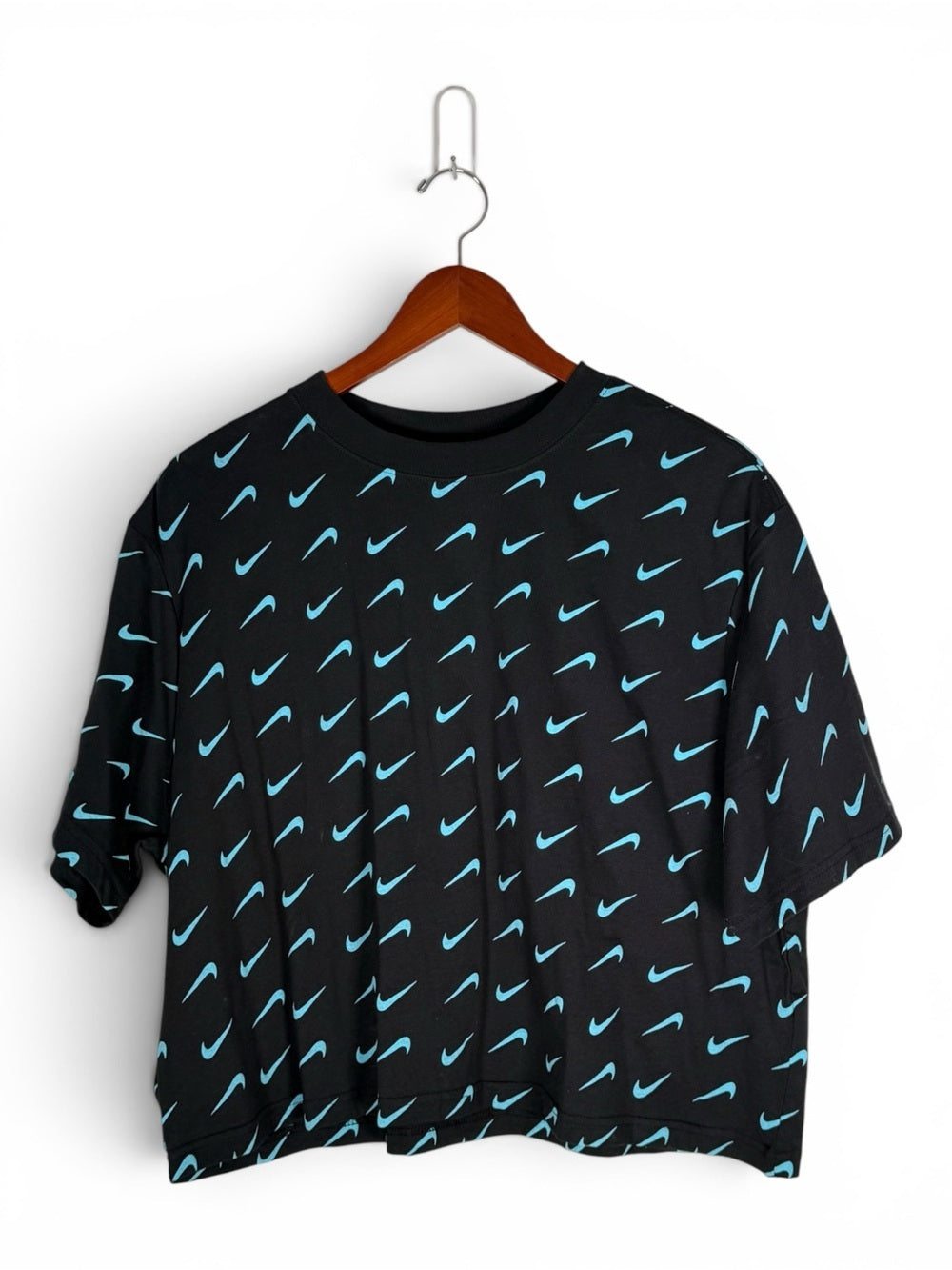 Nike Sportswear Allover Swoosh Print T-Shirt Black Blue Logo Women's Large Top - view 5