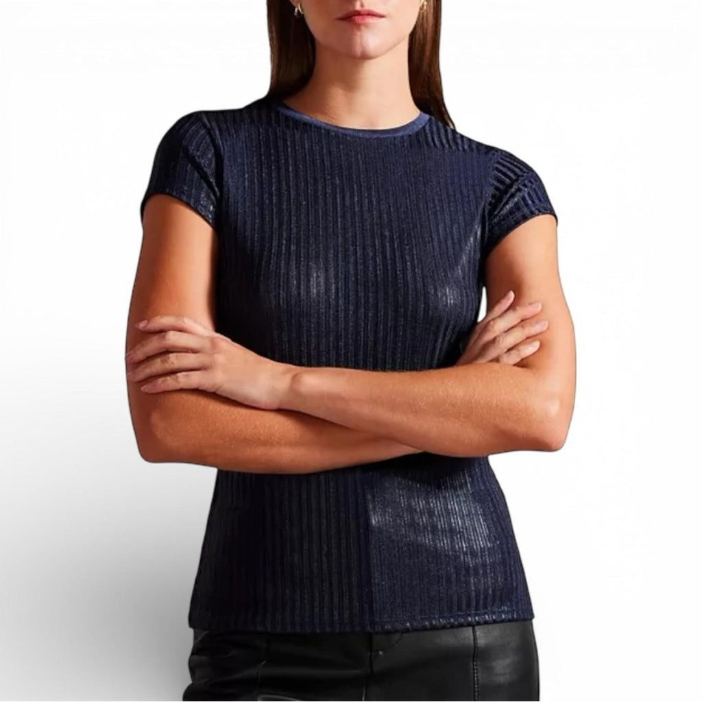 Ted Baker Women Katrino Metallic Rib Knit Tee Navy Short Sleeve Top Size 2 Small - view 2