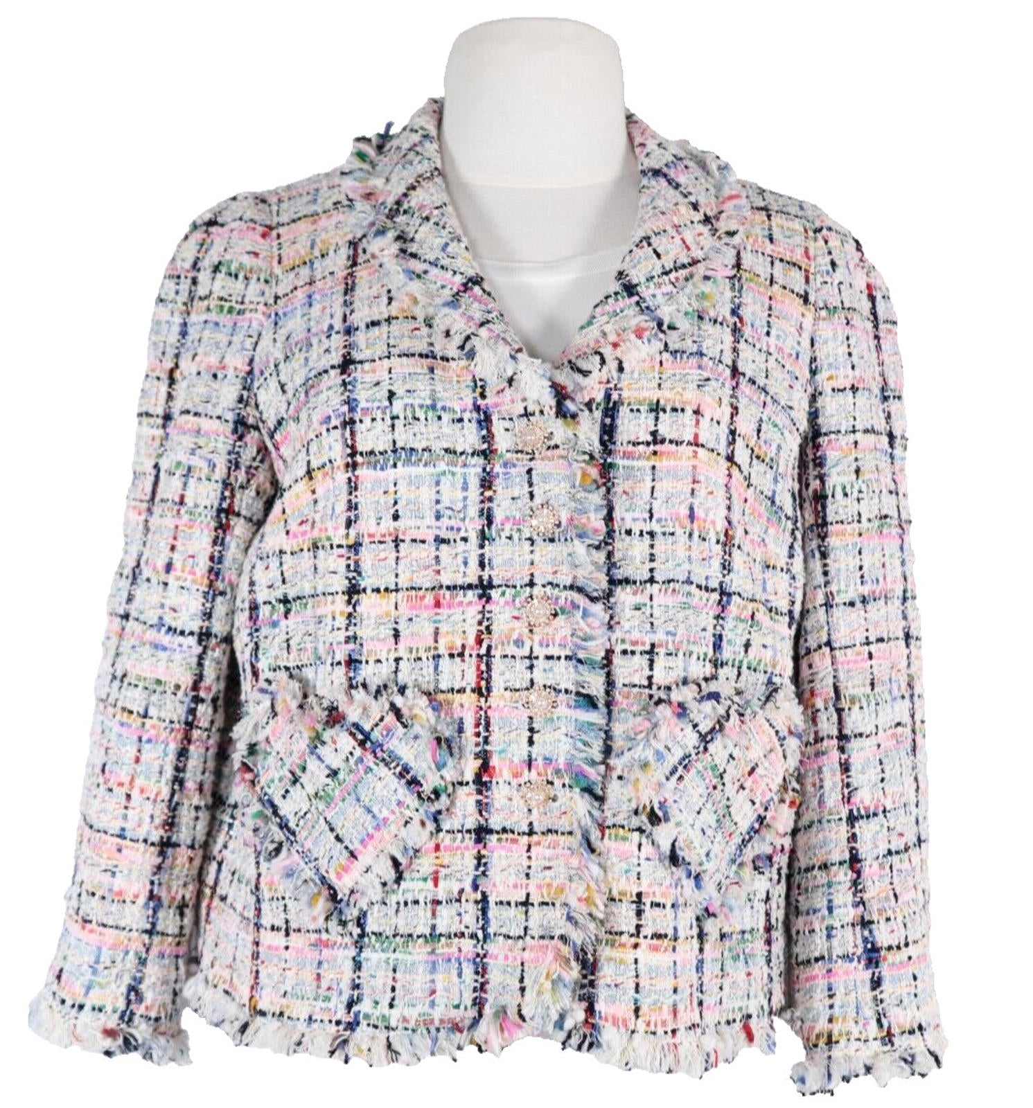 Edward Achour Paris Womens Size 44 Multicolor Tweed Blazer Crystal Button Jacket