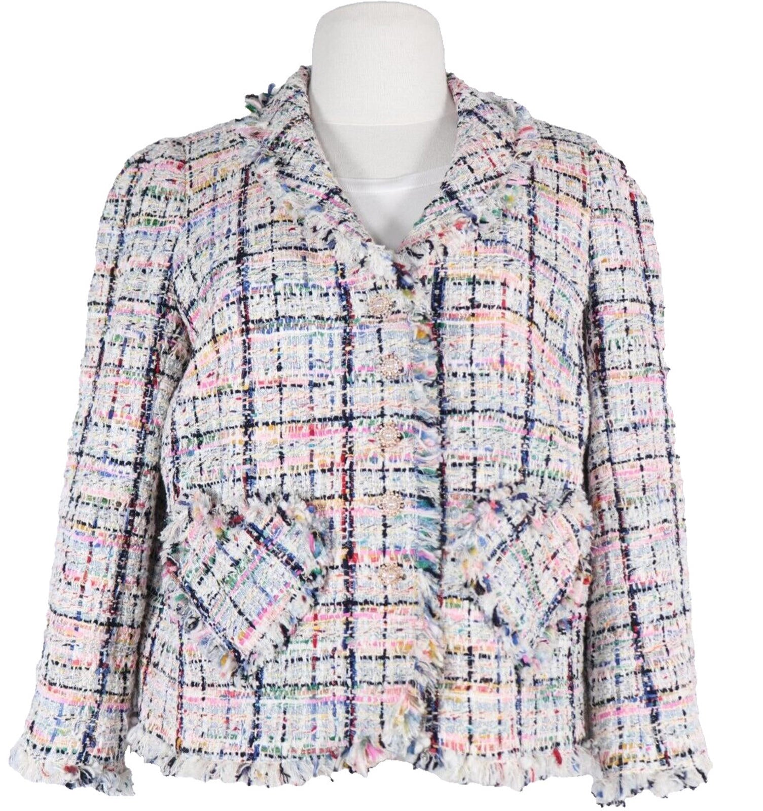 Edward Achour Paris Womens Size 44 Multicolor Tweed Blazer Crystal Button Jacket - view 8