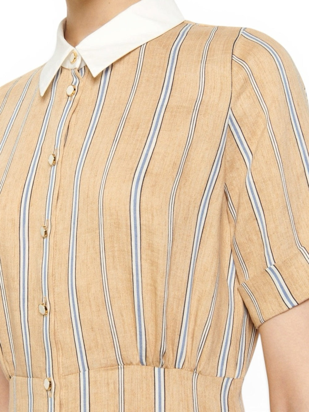 Sandro Rosita Linen Blend Midi Shirt Dress Beige Stripe Gathered FR34 Size XS - view 3