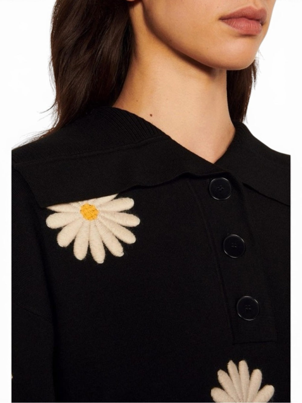 Sandro Paris Black Daisy Embroidered Oversized Collar Sweater Size 1 Small Tunic - view 5