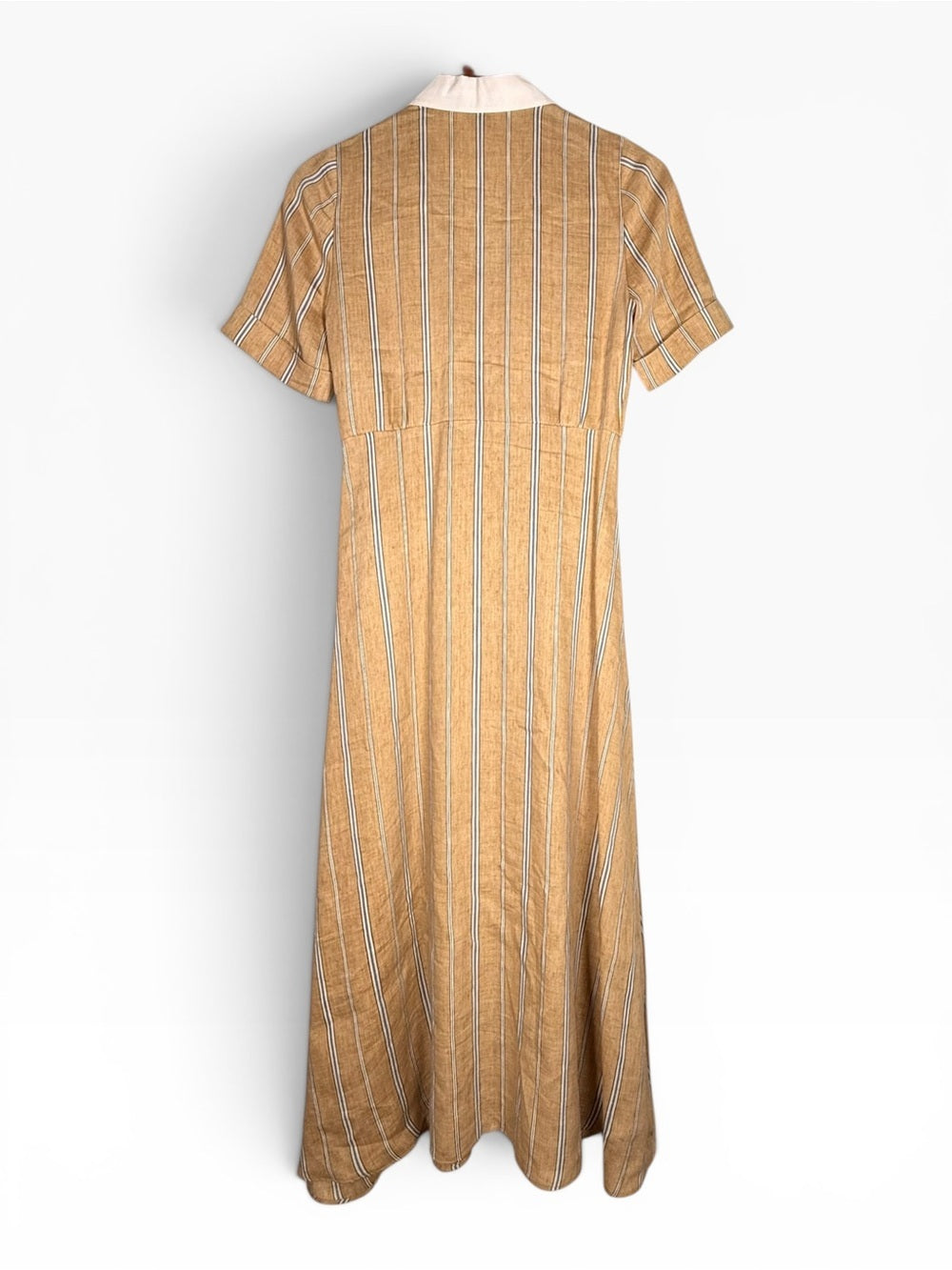 Sandro Rosita Linen Blend Midi Shirt Dress Beige Stripe Gathered FR34 Size XS - view 10