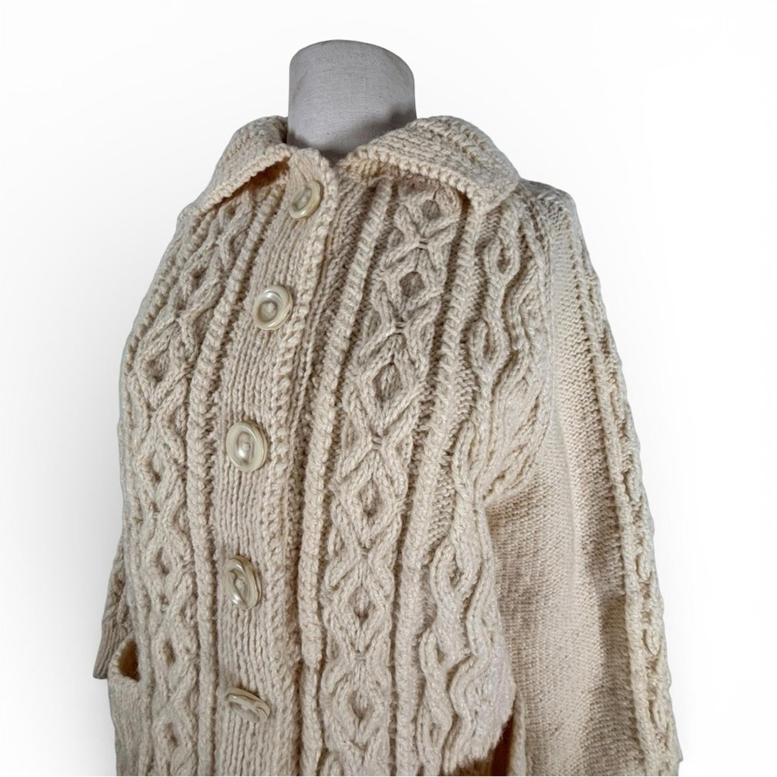 Women’s XS Small Handmade Knit Wool Cardigan Chunky Fisherman Sweater Cream - view 2