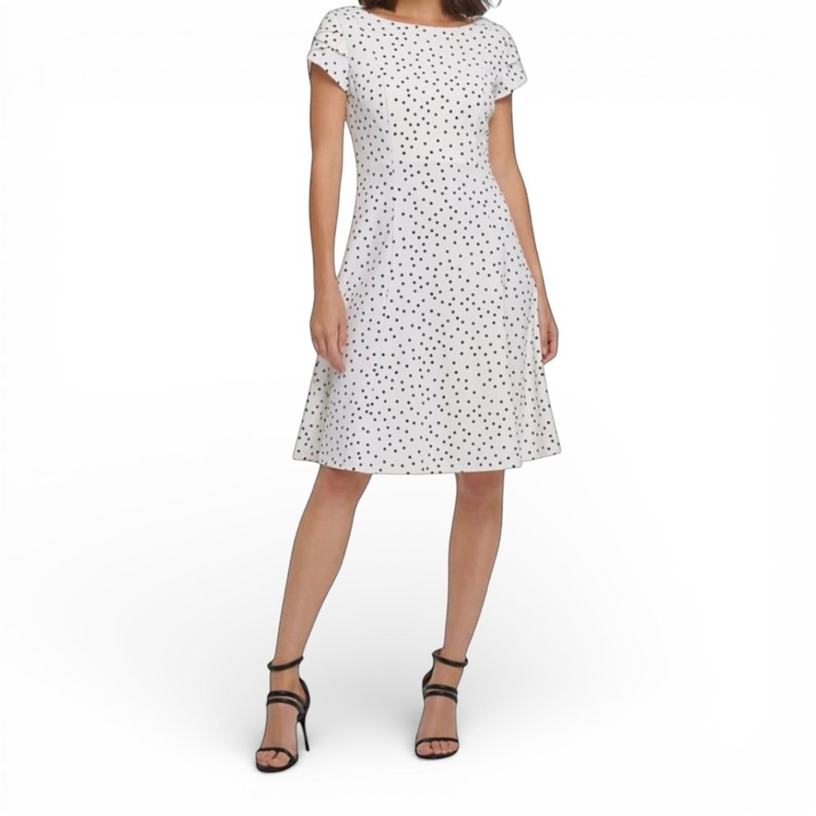 DKNY Polka Dot Fit and Flare Dress Size 6 White Black Tulip Sleeve Knee Length - view 3