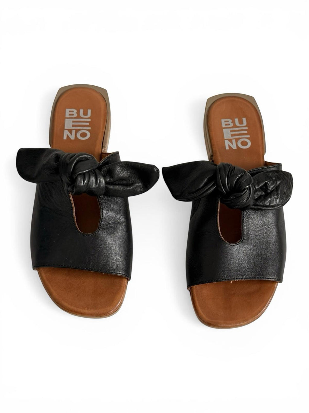 Bueno Black Leather Knot Slide Sandals Square Toe Slip On Size 38 US 7.5 Flats