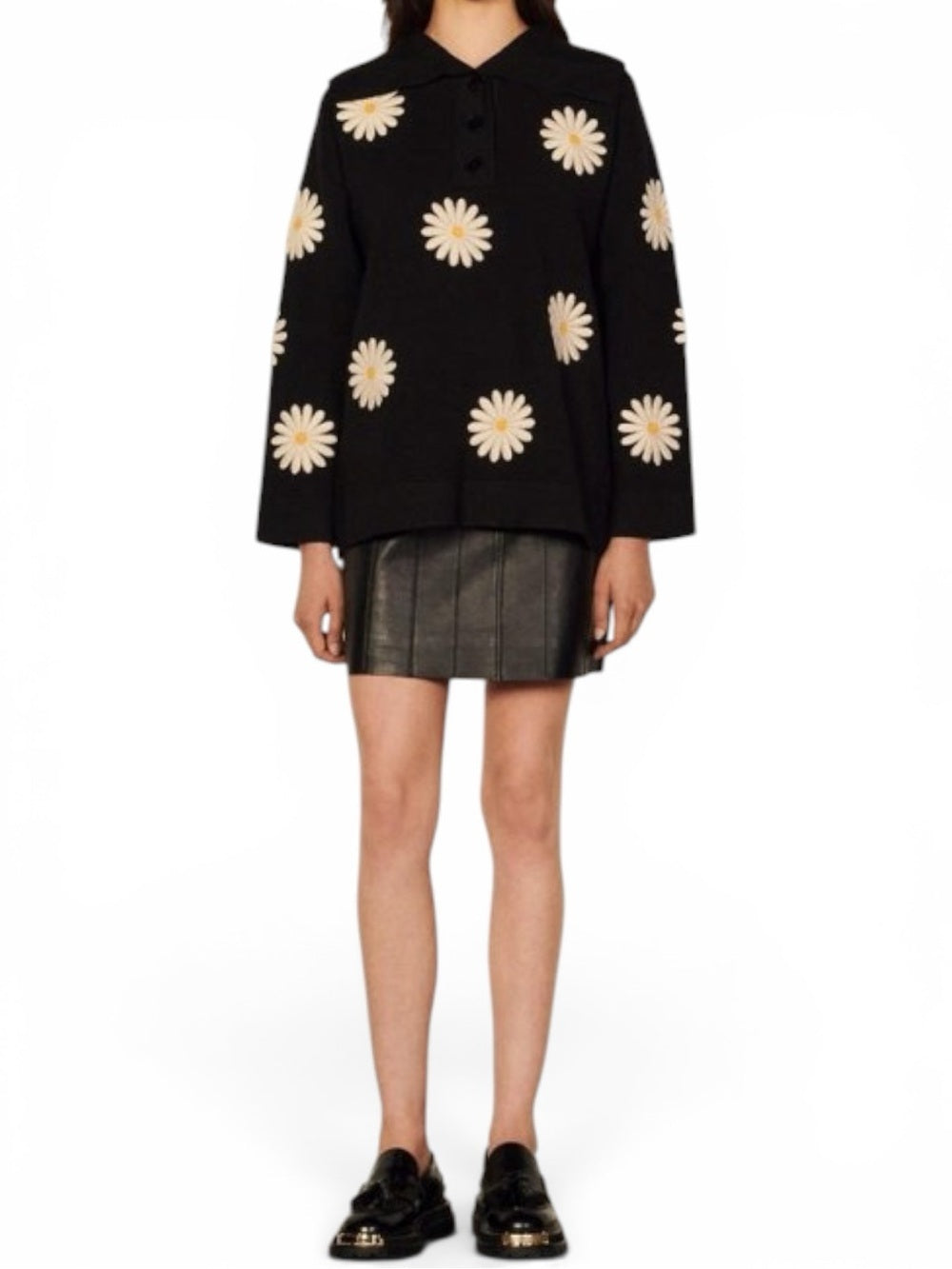 Sandro Paris Black Daisy Embroidered Oversized Collar Sweater Size 1 Small Tunic - view 2