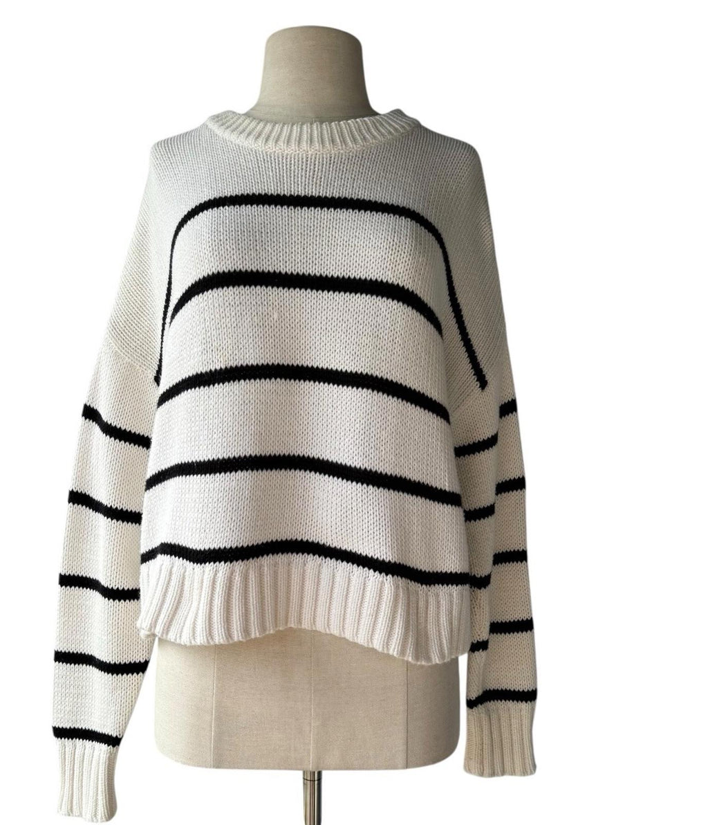 Jenni Kayne Women Chloe Crewneck Sweater Ivory Black Stripe Size XS Cotton Knit - view 5