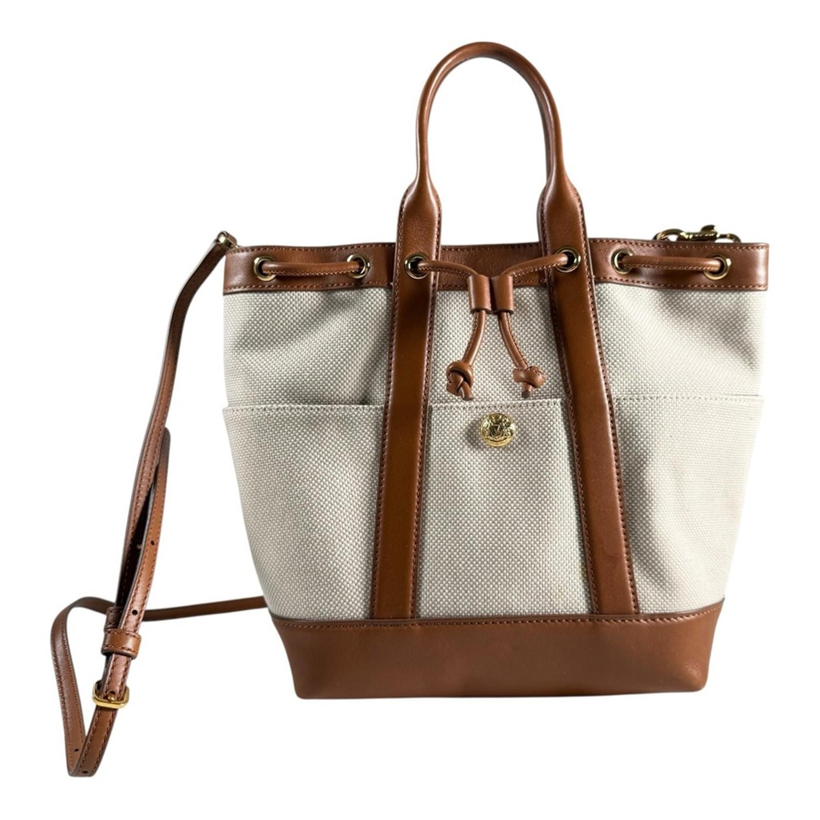 Veronica Beard Goody Bag Canvas Leather Bucket Natural Hazel Neutral Crossbody - view 9