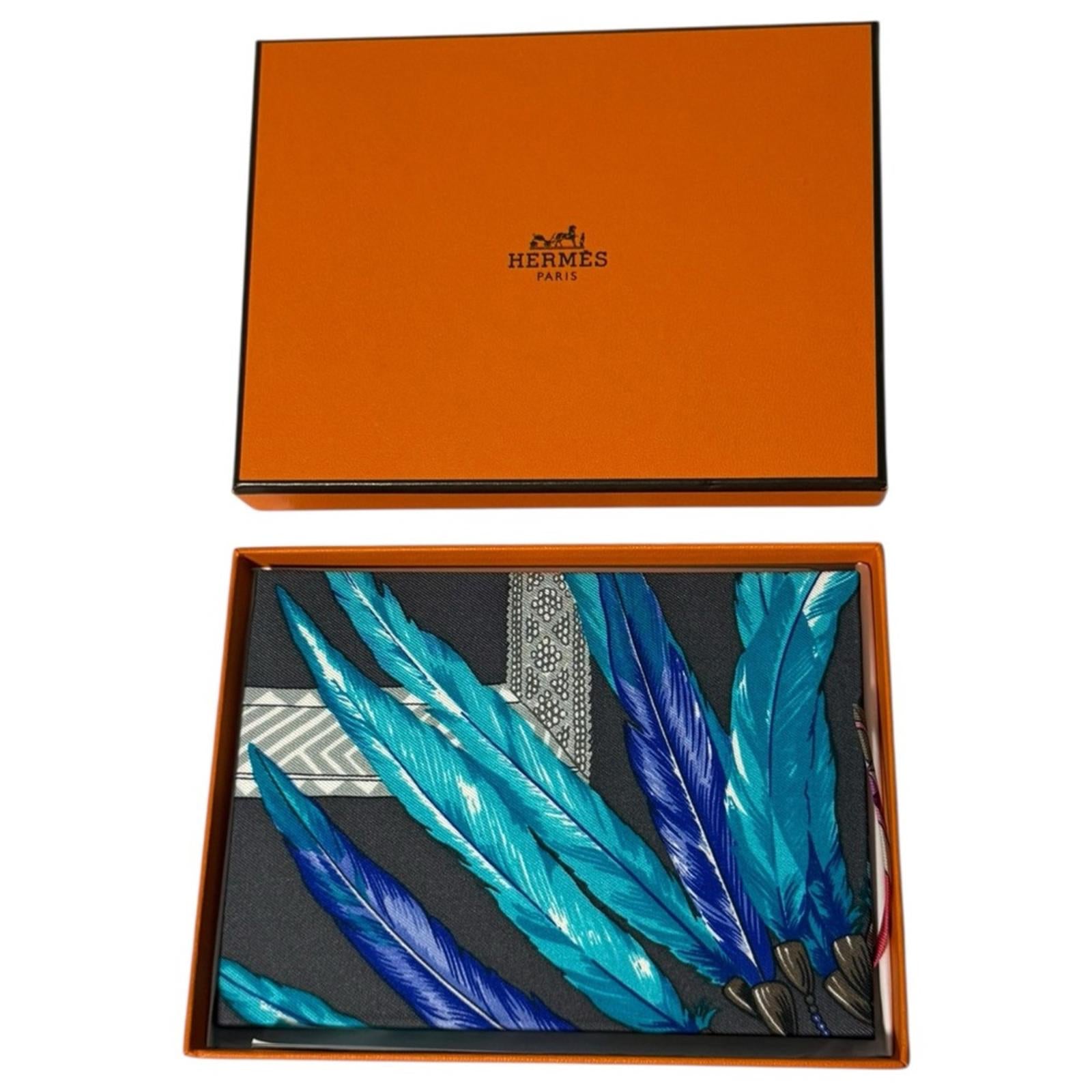 Hermes Brazil Silk Notebook Multicolor Blue Grey Feather Motif New With Box - view 2