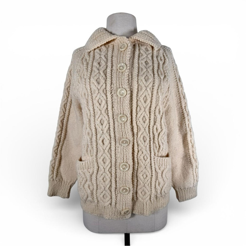 Women’s XS Small Handmade Knit Wool Cardigan Chunky Fisherman Sweater Cream - view 5