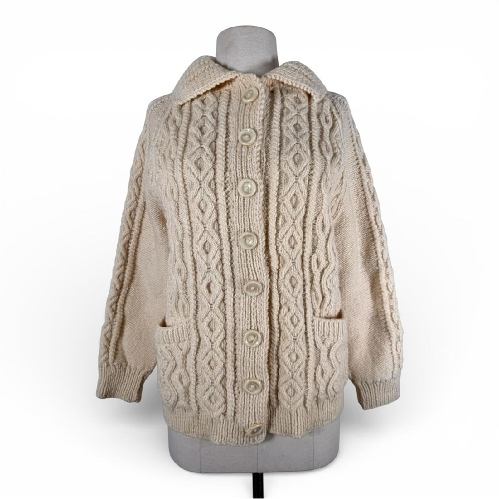 Women’s XS Small Handmade Knit Wool Cardigan Chunky Fisherman Sweater Cream - view 5