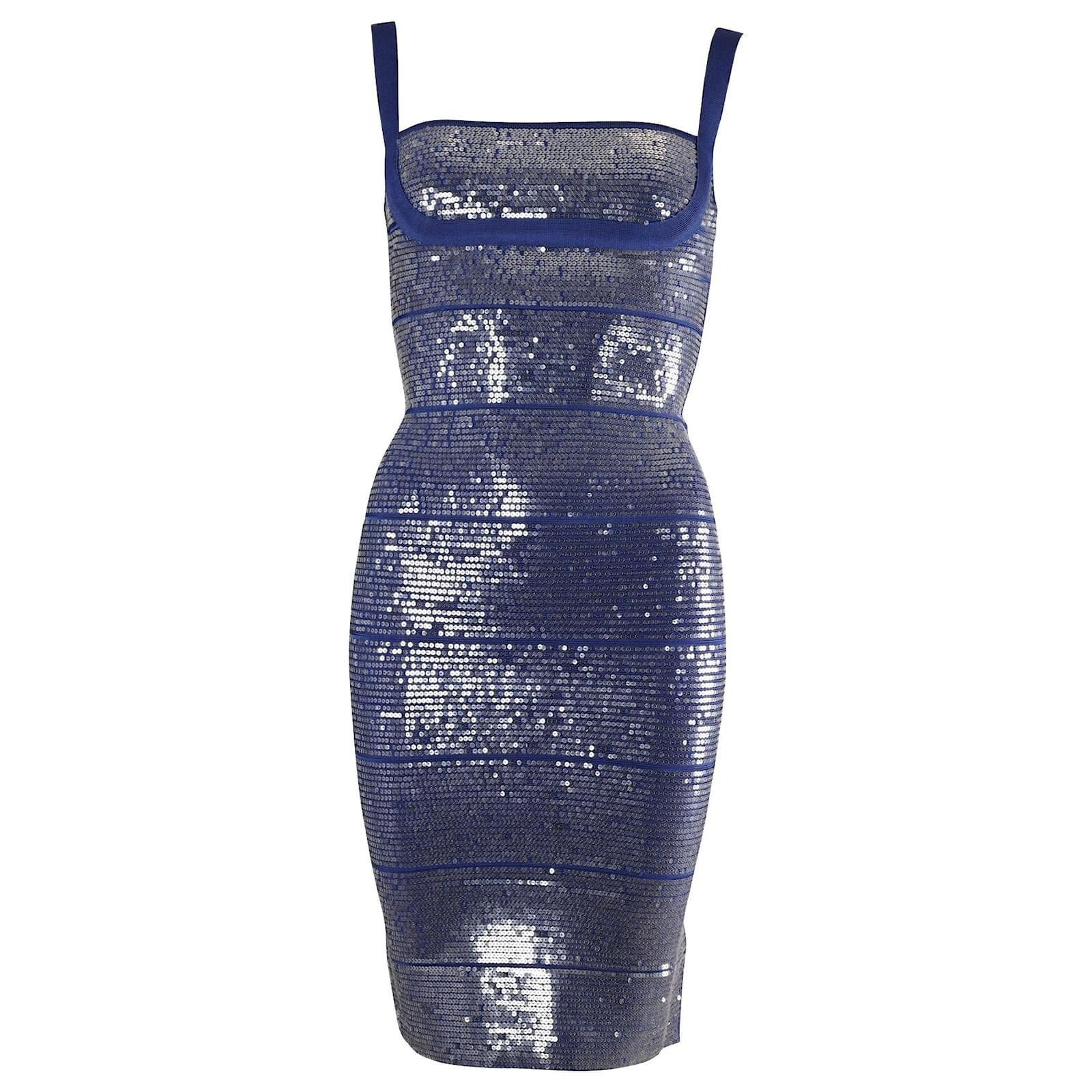 Herve Leger Women Small Ultramarine Blue Katherine Dress Sequin Y2K Bodycon Mini