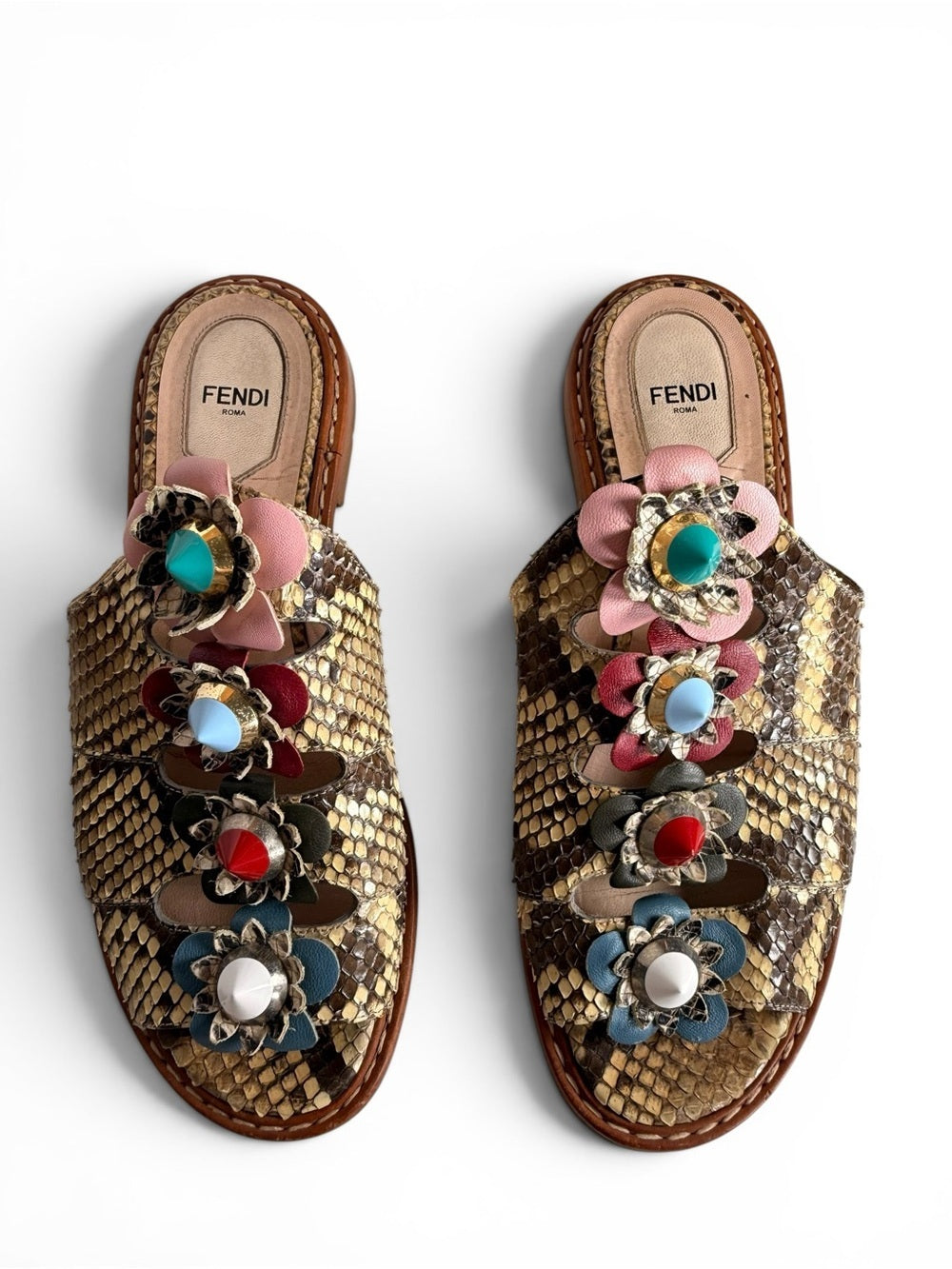 Fendi Flowerland Python Snakeskin Slide Sandals Floral Embellished Size 39 Shoes - view 7